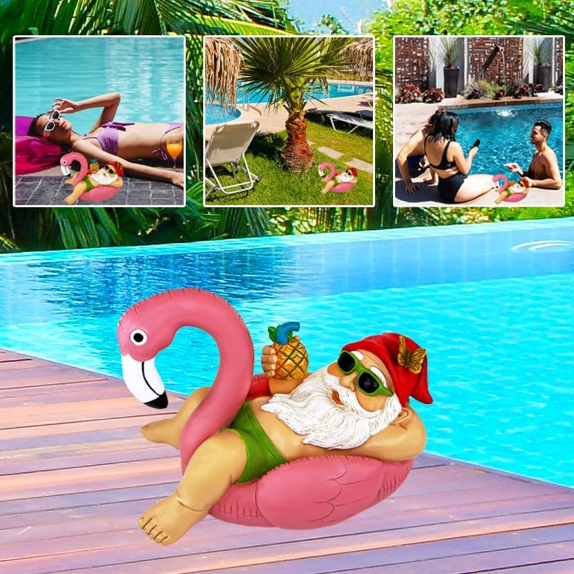Mood Lab Garden Gnome on Flamingo - Funny Gnome Figurine - 8 Inch Depth Lawn Statue - for Outdoor