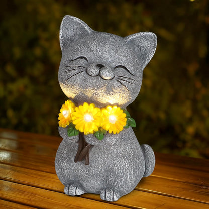 Solar Garden Statues Cat with Daisy and LED Lights Birthday Gifts for Women Mom Grandma Solar