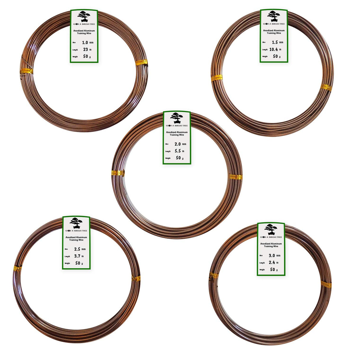 Anodized Aluminum Bonsai Training Wire 5-Size Starter Set with Canvas Bag - 1.0mm, 1.5mm, 2.0mm