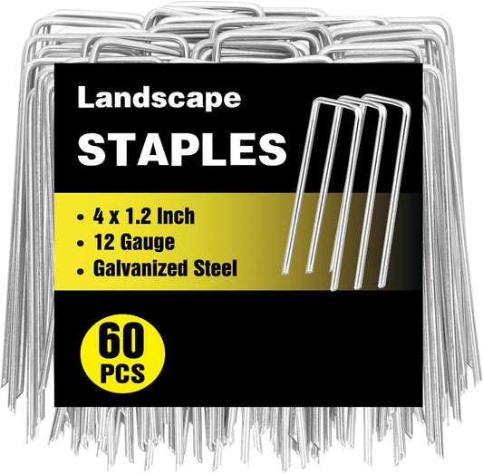 HongWay 60 Pack 4 Inch Landscape Staples, Garden Staples 12 Gauge Galvanized Ground Stakes Lawn