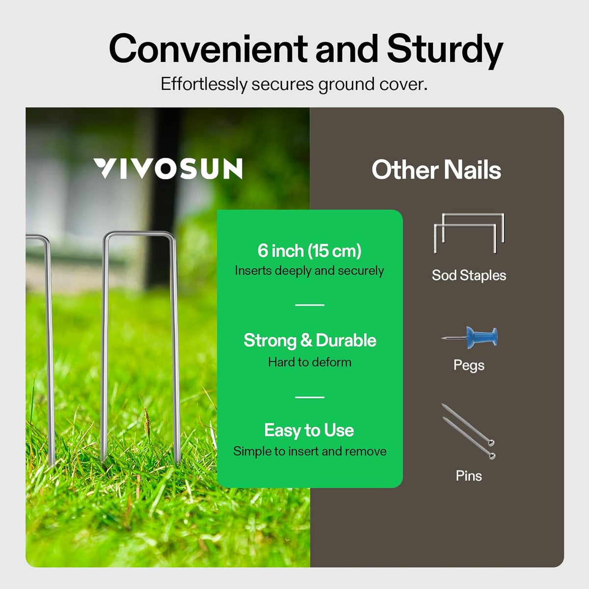 VIVOSUN 6 Inch 100-Pack Landscape Staples, Galvanized Steel Garden Stakes 11 Gauge U-Shaped Pins
