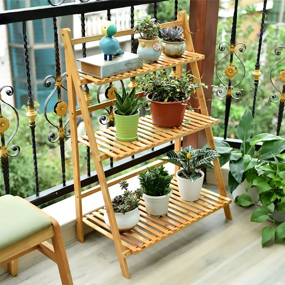 Ufine Bamboo Ladder Plant Stand 3 Tier Foldable Flower Pot Display Shelf Rack for Indoor Outdoor