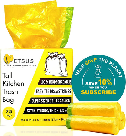 13 Gallon Biodegradable Trash Bags with Drawstrings, 75 Count Plant Based, Code Q Tall Kitchen