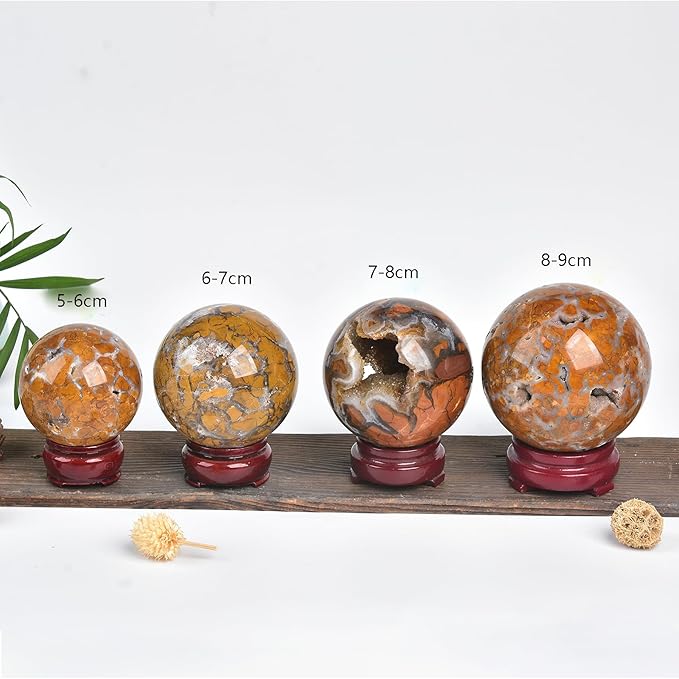 JIC Gem Natural Healing Crystal Sphere Ball Yellow Agate Crystal Decorative Ball with Display Stand