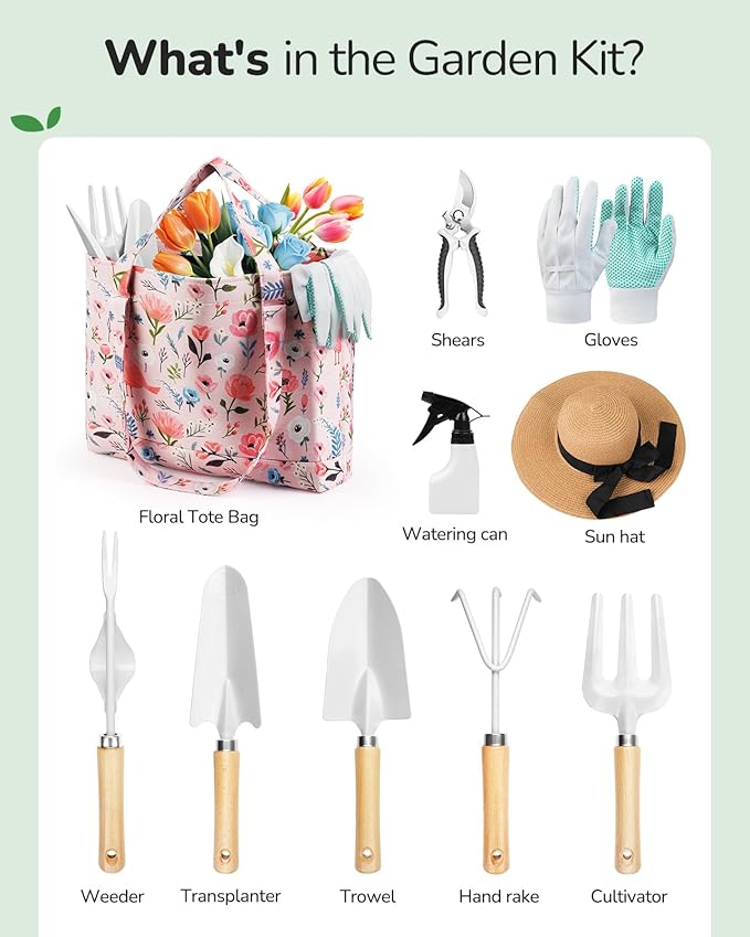 Gardening Tools, 10-Piece Gardening Gift Set for Women, Rust-Proof & Heavy-Duty Tools with Floral