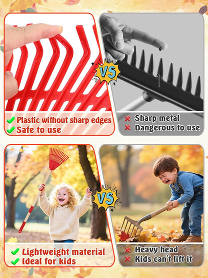 Acostop 2 Pcs Kids Rakes with Wood Handle - 34" Lightweight Plastic Garden Rake for Leaves, Safe to