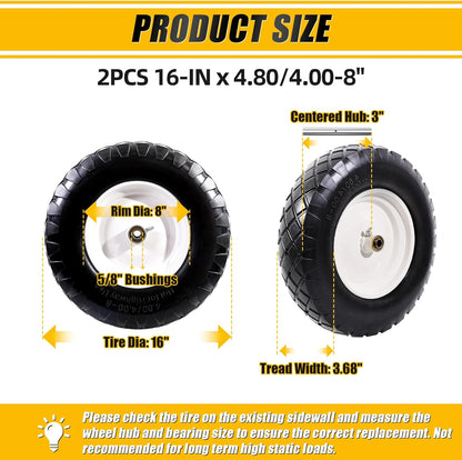 MZREXN 4.80/4.00-8" Flat Free Tire and Wheel, 16" Universal Solid Wheelbarrow Tires, with 5/8" &