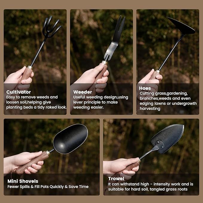 Garden Tool Set, 5PCS Gardening Tools, Stainless Steel Heavy Duty Hand Cultivator, Hoes, Shovel