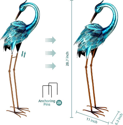 chisheen Crane Garden Statues, Metal Garden Crane Outdoor, Blue Heron Sculpture Metal Yard Art