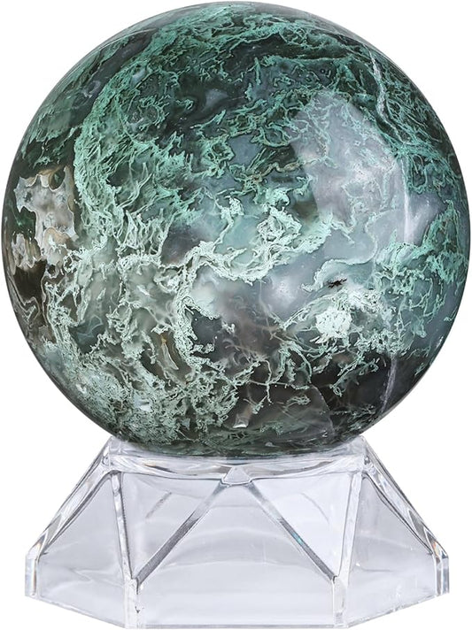Natural Moss Agate Crystal Ball with Acrylic Display Base, 61-70mm Polished Stone Feng Shui Crystal