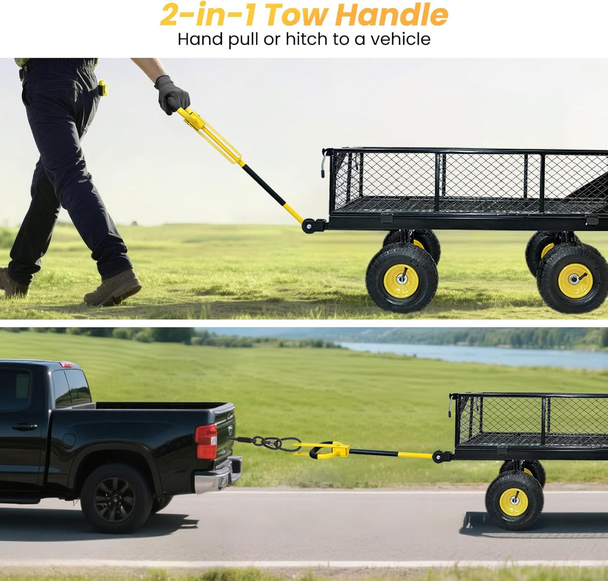 950 lbs Steel Garden Cart, Heavy Duty Yard Utility Wagon with 10" Pneumatic Tires, Removable Mesh