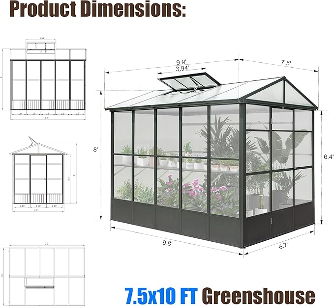 Domi 8x10FT Greenhouse, Polycarbonate Green House with Fully Auto Temperature Control Vent, Outdoor