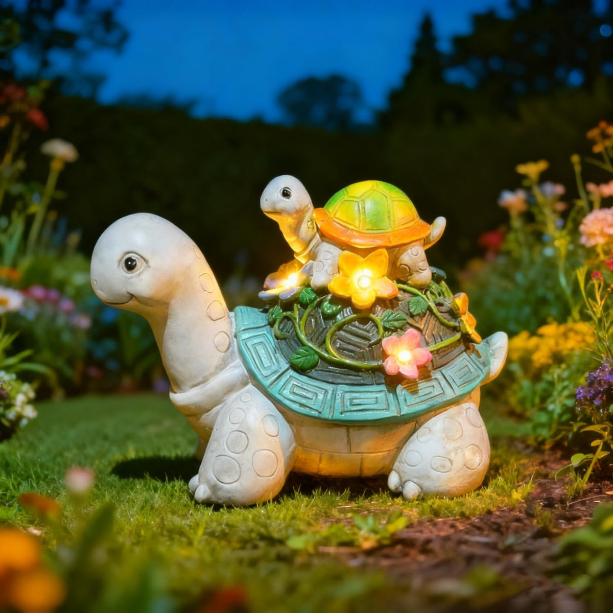 Solar Garden Outdoor Statues Turtle with Succulent and 7 LED Lights, Cute Outdoor Turtle Decor for