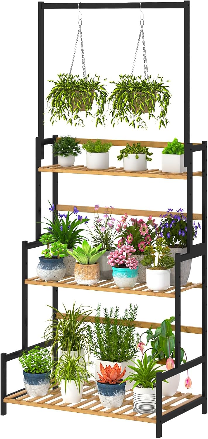 Ufine Bamboo Hanging Plant Stand 3 Tier Ladder Shelf with Hanging Rod Height Adjustable Flower Pot