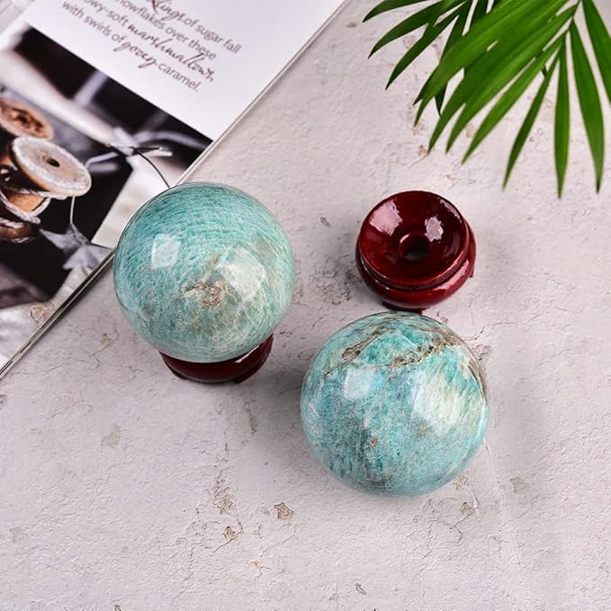JIC Gem Amazonite Crystal Ball with Wood Stand Gemstone Sphere,Healing Crystal Balls for Reiki