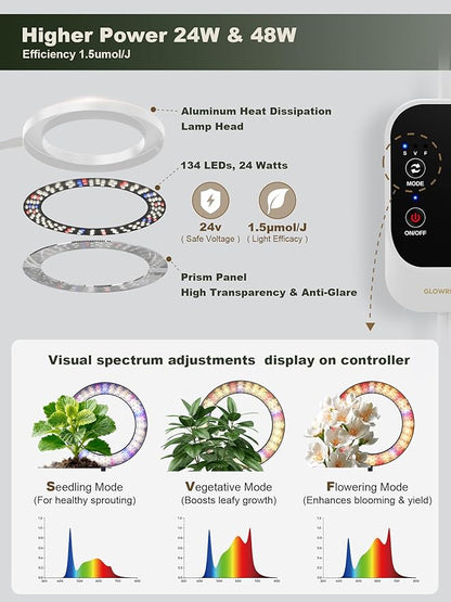 GLOWRIUM 24W LED Grow Light for Indoor Plants, 23.5-71" Adjustable Height, 3-Growing Full Spectrum