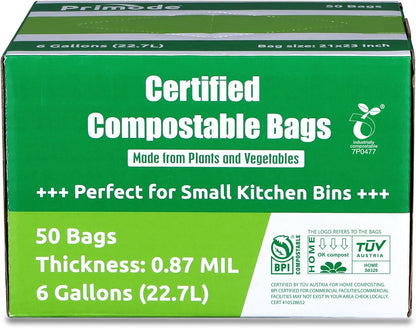 Primode Compostable Bags 6 Gallon Food Scraps Yard Waste Bags, 50 Count, Extra Thick 0.87 Mil.