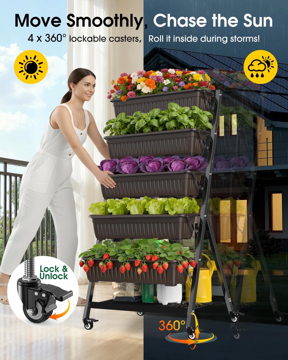 Olaiti 5-Tier Vertical Garden Bed Planter Boxes with Wheels, Drainage System & Storage Space