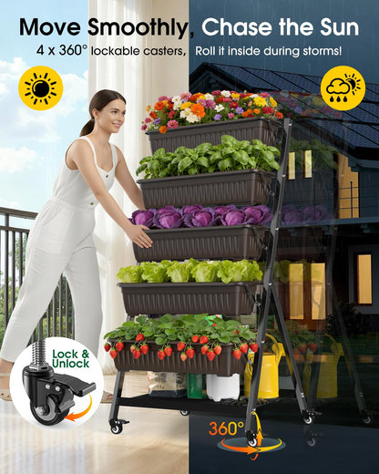 Olaiti 5-Tier Vertical Garden Bed Planter Boxes with Wheels, Drainage System & Storage Space