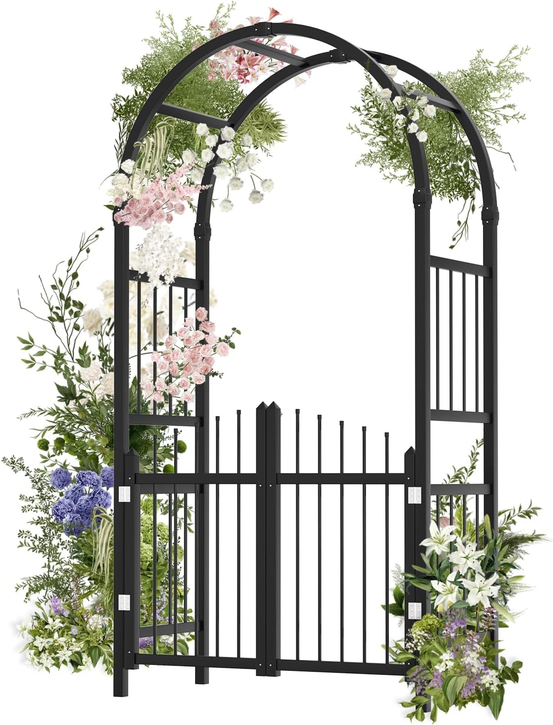 VINGLI Garden Arbor with Gate, PVC Frame Trellis Garden Arch for Plant Climbing, Vinyl Pergola