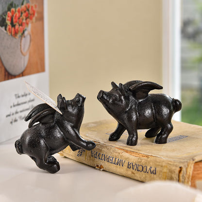 Sungmor Whimsical Cast Iron Flying Pig Statue, 2pcs Rustic Black Cute Little Piggy Paperweight