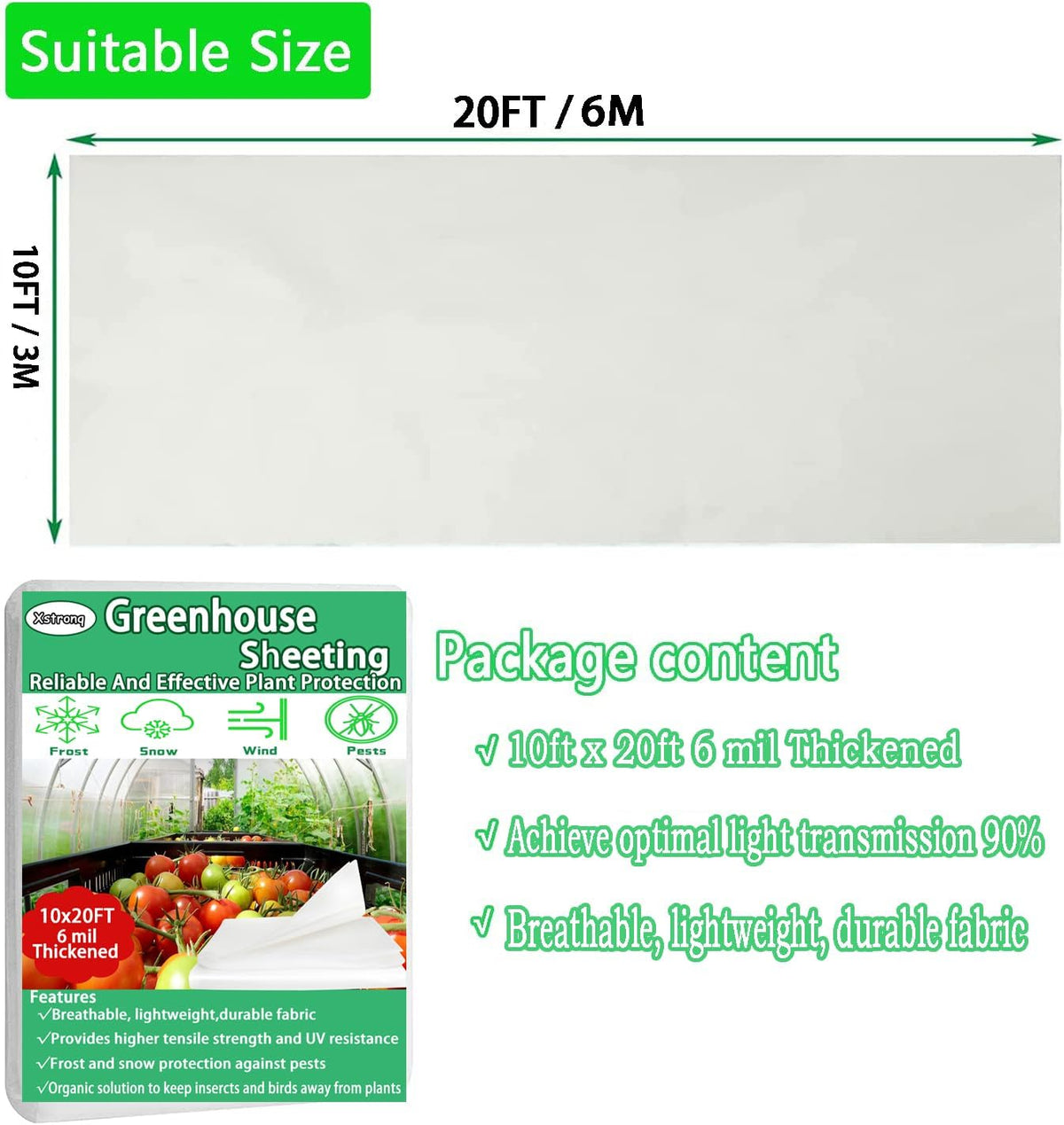 10FTx20FT Greenhouse Plastic Sheeting, 6 Mil Thick Clear Polyethylene Film, Waterproof Wind Frost