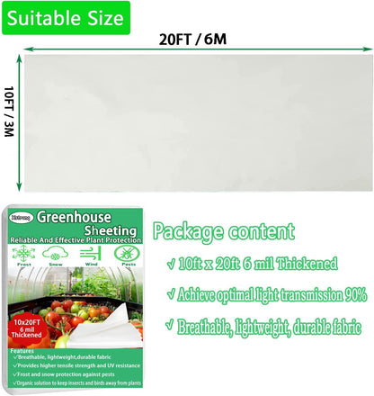 10FTx20FT Greenhouse Plastic Sheeting, 6 Mil Thick Clear Polyethylene Film, Waterproof Wind Frost