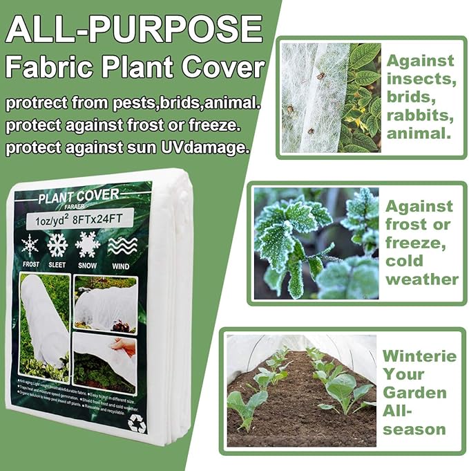 Plant Covers, 8Ft x 24Ft Reusable Floating Row Cover, 1oz Freeze Protection Plant Blankets for Cold
