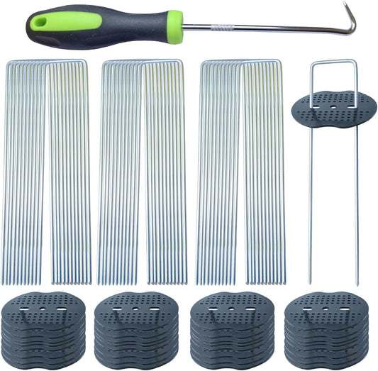 200Pcs Landscape Staples with 200 Gasket with 1Pick Hook, 6 Inch Heavy Duty Garden Stakes 11 Gauge
