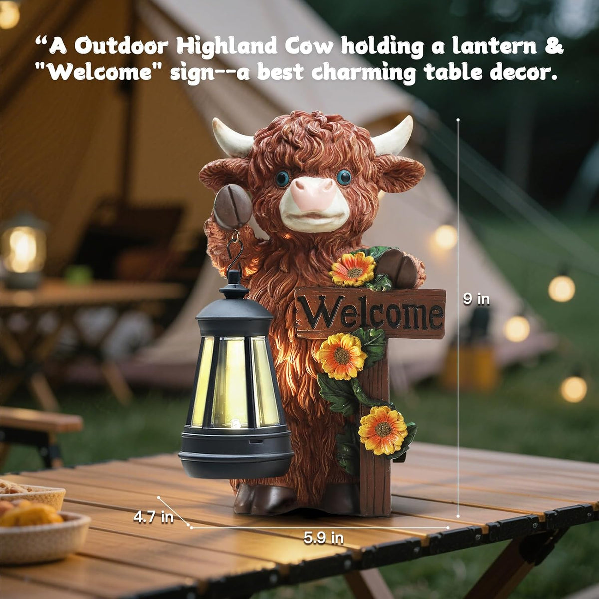Solar Highland Cow Garden Decor - Outdoor Waterproof Resin Statues with LED Lights, Solar Patio