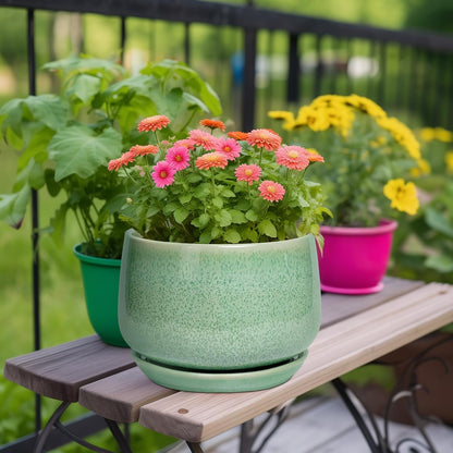 G EPGardening Ceramic Planter - 9 Inch Plant Pot with Drainage Hole and Saucer, Modern Round