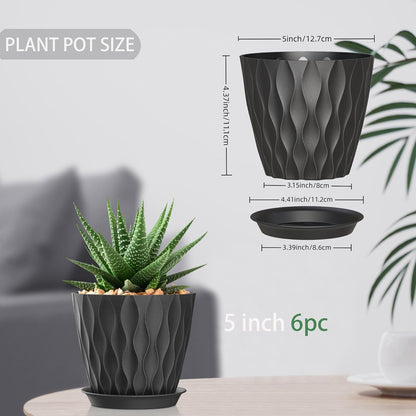 5 Inch Planter Pots, 6 Pack Indoor Planters, Small Flower Pots with Drainage Holes and Tray for