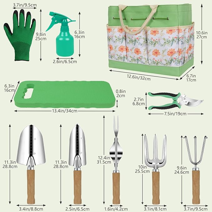 Gardening Tools 10-Piece Heavy Duty Stainless Steel Hand Tools with Durable Garden Tools Storage