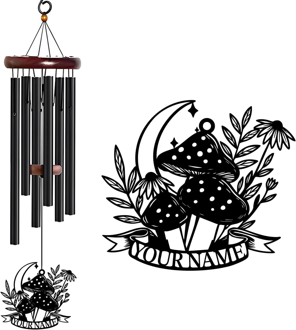 Personalized Customize Name Fantasy Mushroom Wonderland Wind Chime, Metal Iron 37 Inch Outdoor