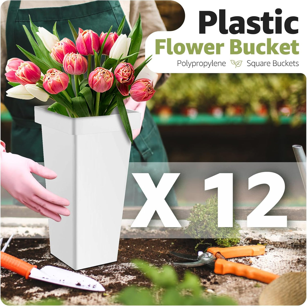Flower Display Stand 3 Layers with 12 PCS Round Buckets, Plant Stand with Wheels, Movable Metal