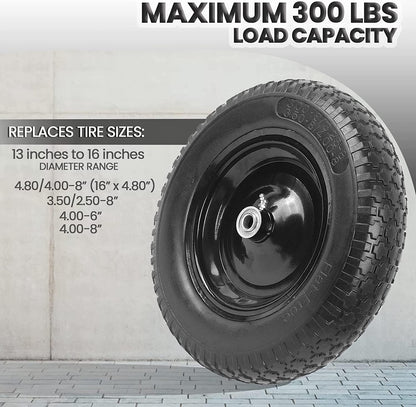 (2-PACK) 4.80/4.00-8" Flat Free Tire and Wheel - Universal Fit 14.5" Solid Wheelbarrow Tires with