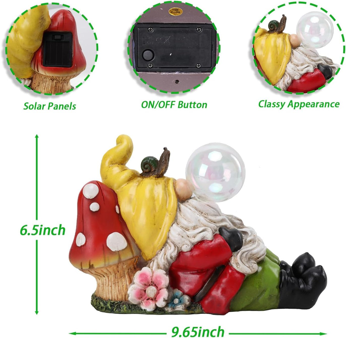 Garden Gnome Statue Outdoor Decor, Funny Gnome Figurine Lying on Mushroom with Crackle Globe