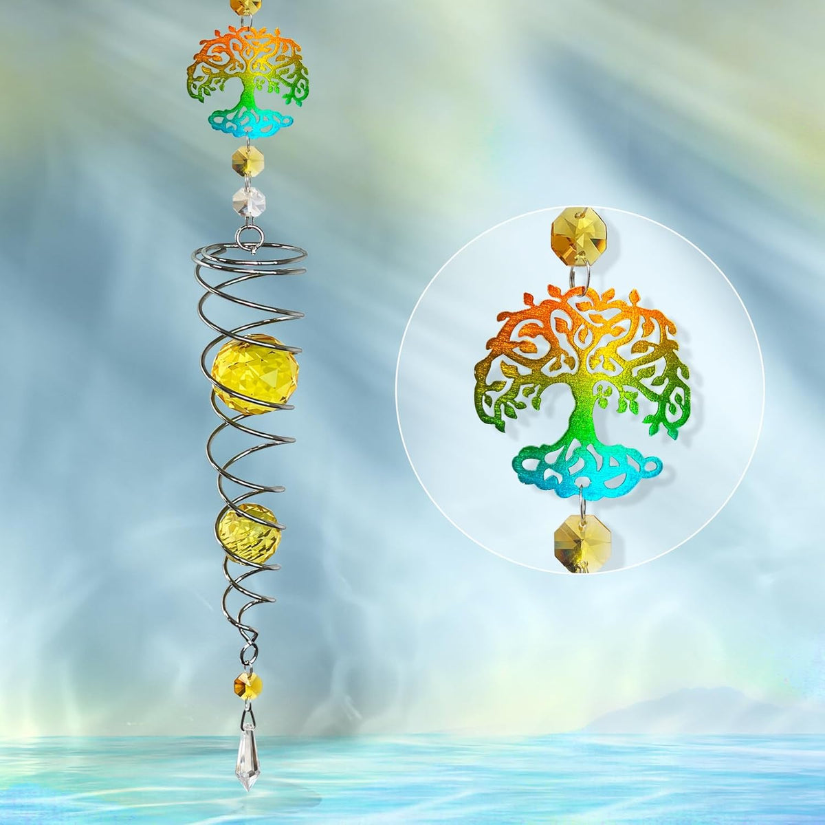 FONMY Tree of Life Gazing Ball Spiral Wind Spinner Sun Catcher Rainbow Maker Silver Spiral W/Golden