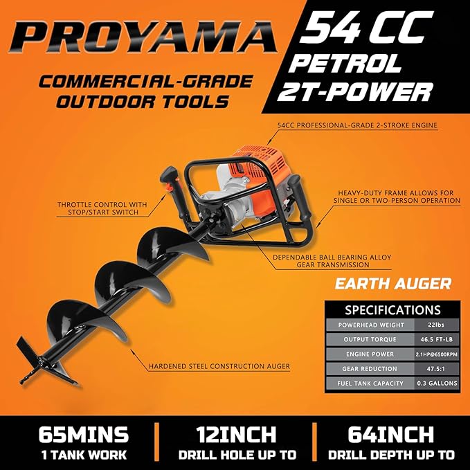 PROYAMA 54cc Post Hole Digger Gas Powered 2 Cycle Earth Auger, 5-Year Warranty Gear Box, 4 Drill