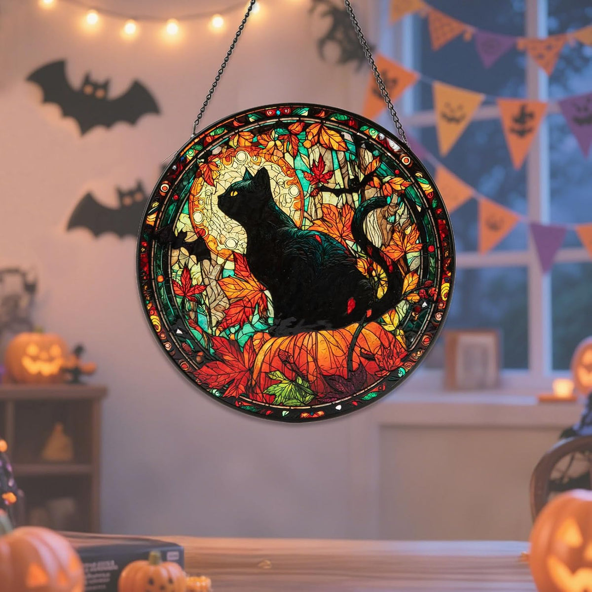 Stained Glass Window Hanging, Halloween Decorations Black Cat Maple Leaf Suncatcher for Doors