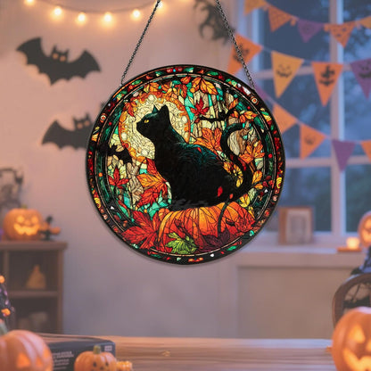Stained Glass Window Hanging, Halloween Decorations Black Cat Maple Leaf Suncatcher for Doors