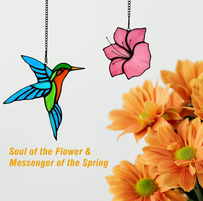 2 Pack Stained Glass Hummingbird with Flower Suncatcher for Window Hanging Ornament, Sun Catchers