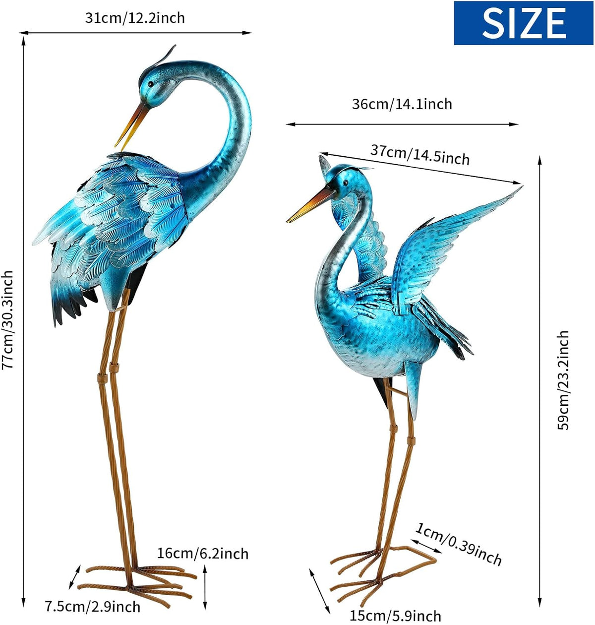 Garden Crane Statues for Outdoor Blue Heron Metal Birds Yard Art Ornaments for Backyard Pond Patio