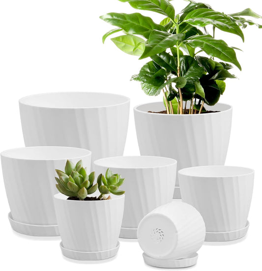 7 pcs Plant Pots with Drainage Holes and Saucers, Indoor Planters, Set of 7 (7.5, 7, 6.5, 6, 5.5