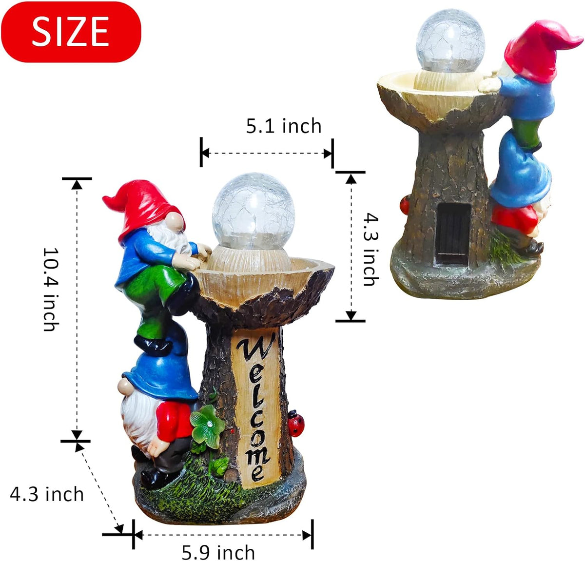 Garden Gnome Statues, Garden Statues for Outside with Solar LED Lights,10.4 in Funny Double Gnomes
