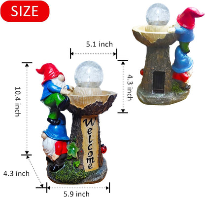 Garden Gnome Statues, Garden Statues for Outside with Solar LED Lights,10.4 in Funny Double Gnomes