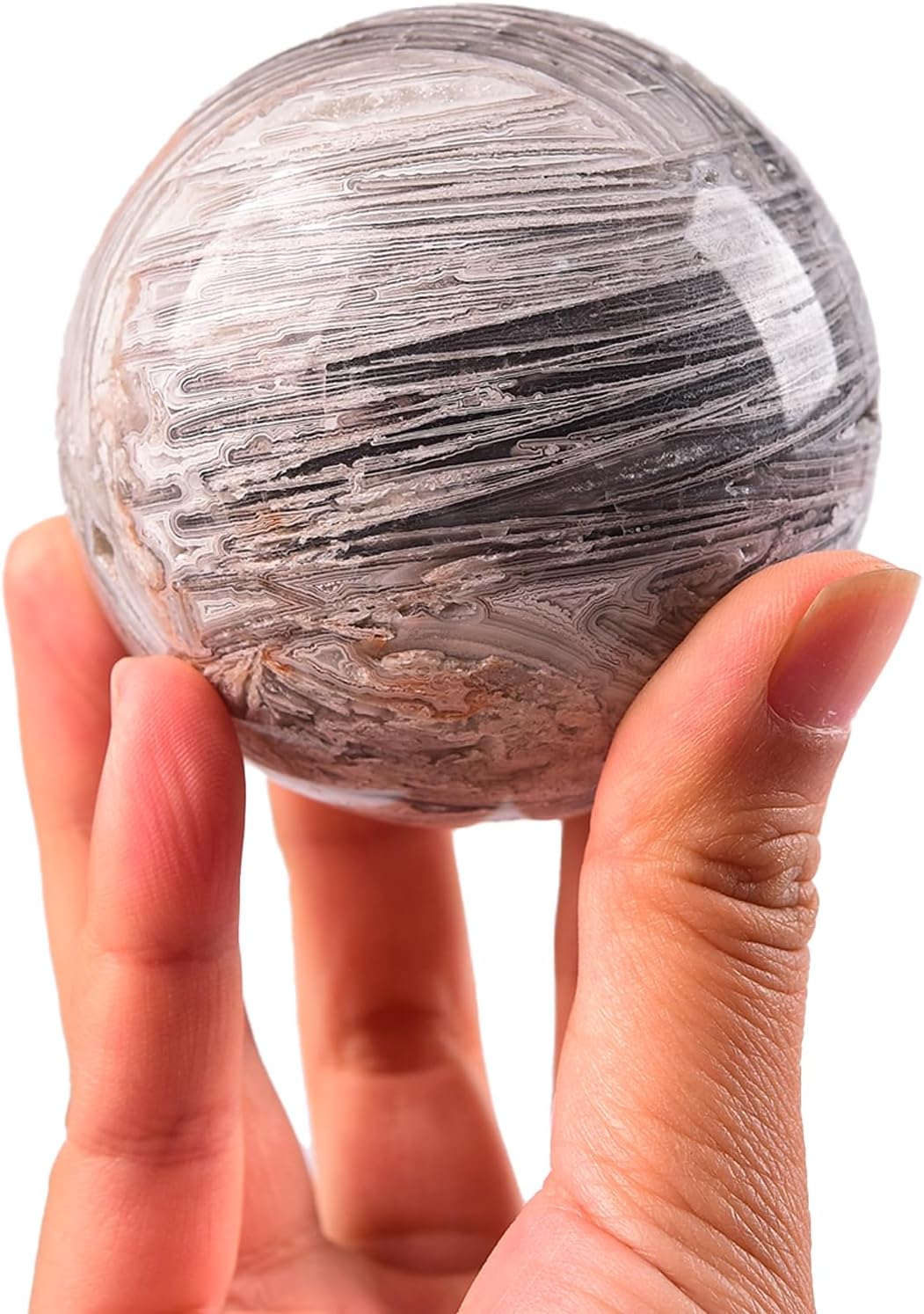 JIC Gem Natural Mexican White Agate Crystal Sphere Crystal Decorative Ball with Wooden Stand