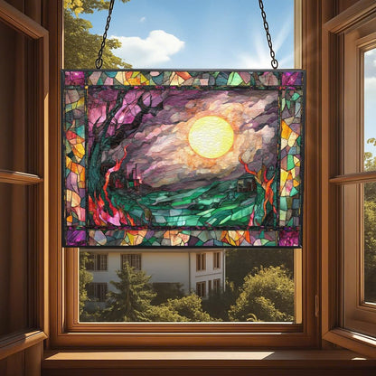 Personalized Rectangle Haunted Night Stained Glass Window Hangings, Handcrafted Stained Glass