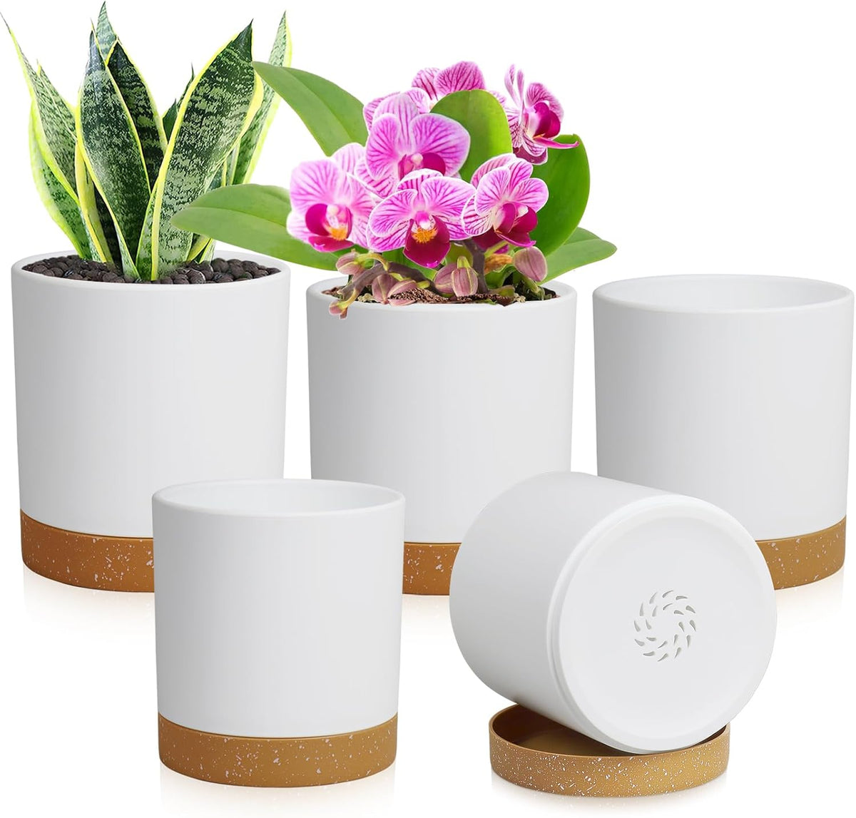 5 Pack Cylindrical Flower Pots with 7/6.5/6/5/4 inch, Modern Small Plastic Plant Pots with Drainage