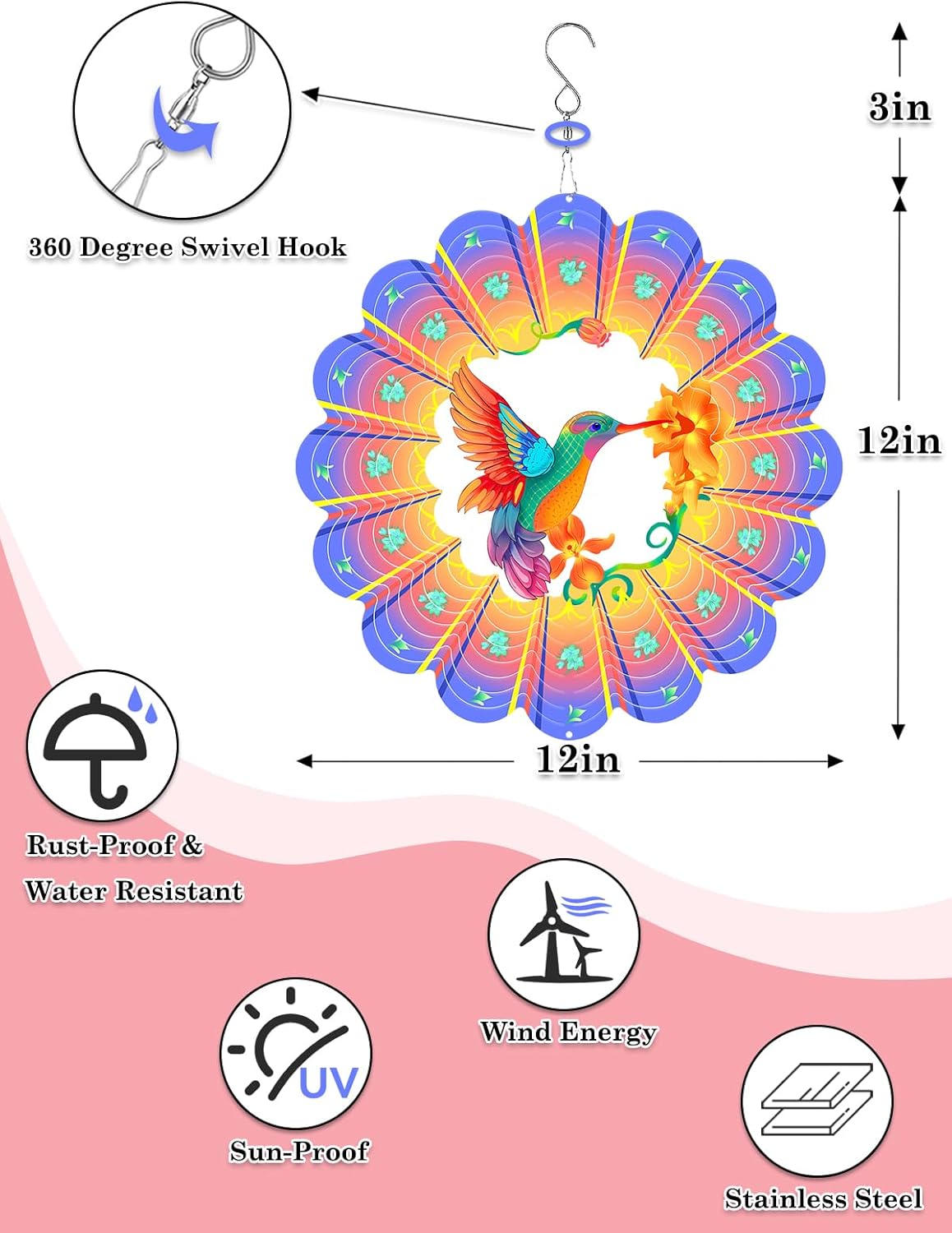 Hummingbird Wind Spinner-3D Metal Hanging Wind Spinners, Perfect Ornament Gifts for Women/Men, 12
